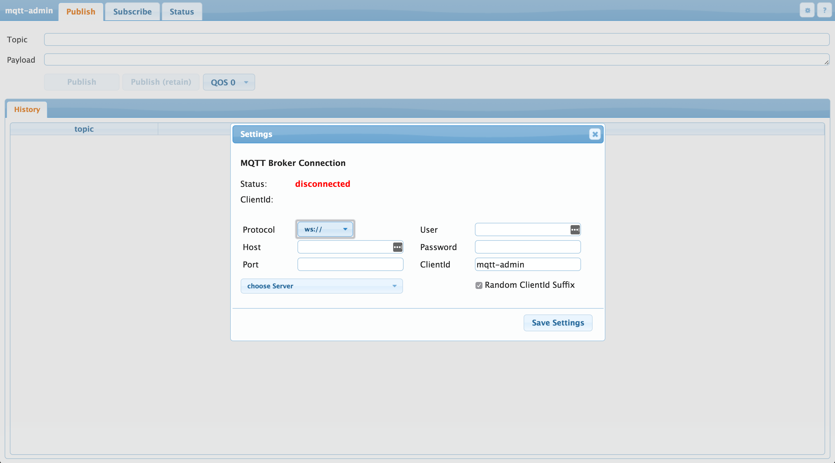 mqtt-admin's initial screen