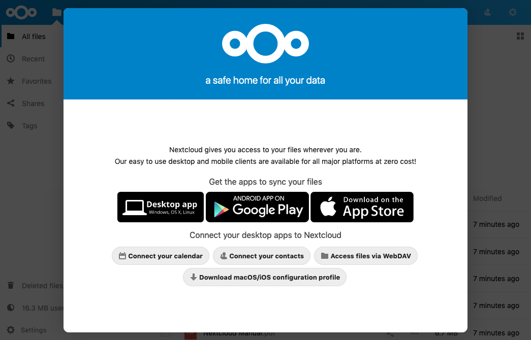 Cuadro modal de clientes de Nextcloud