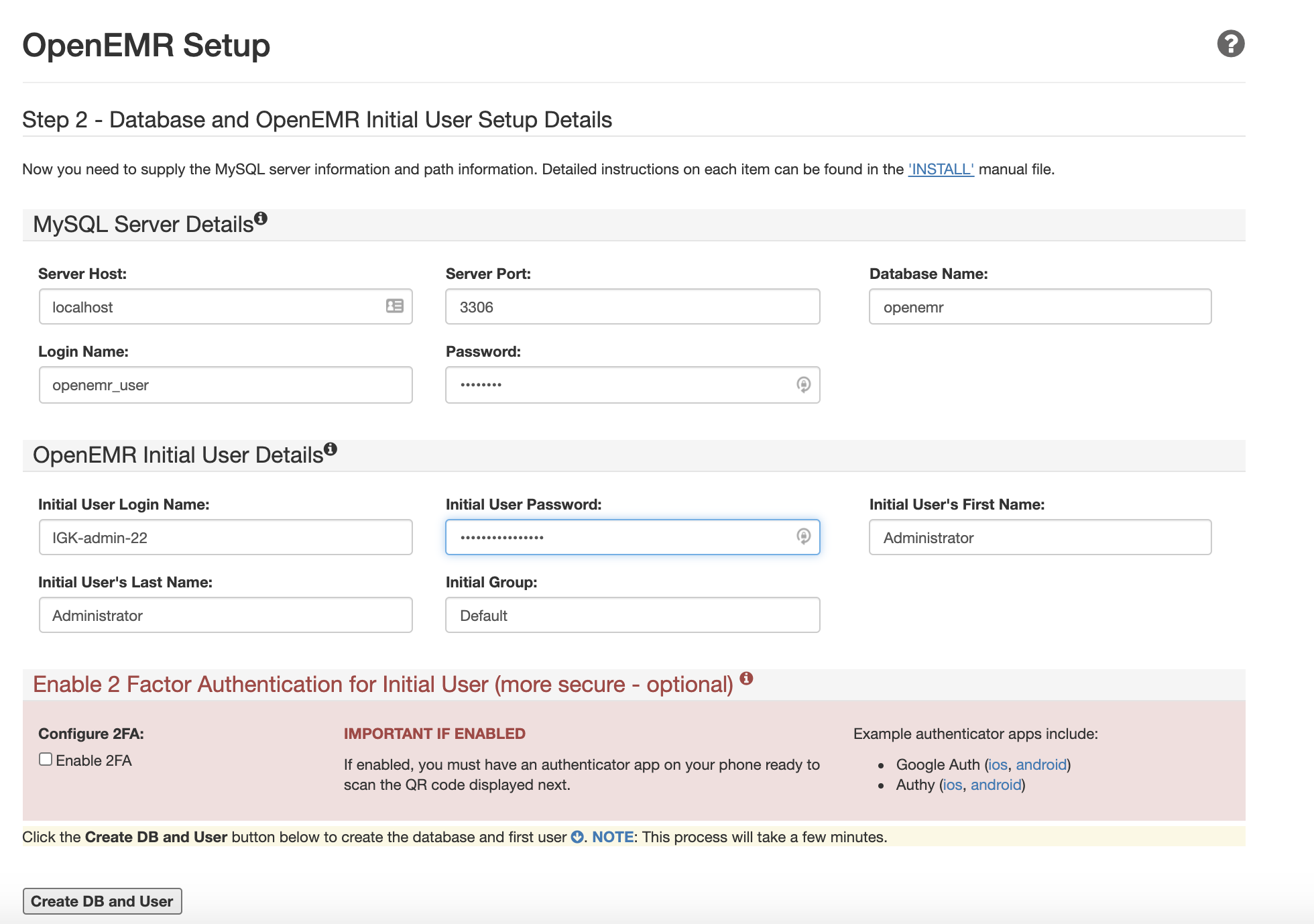 OpenEMR setup page — Step 2