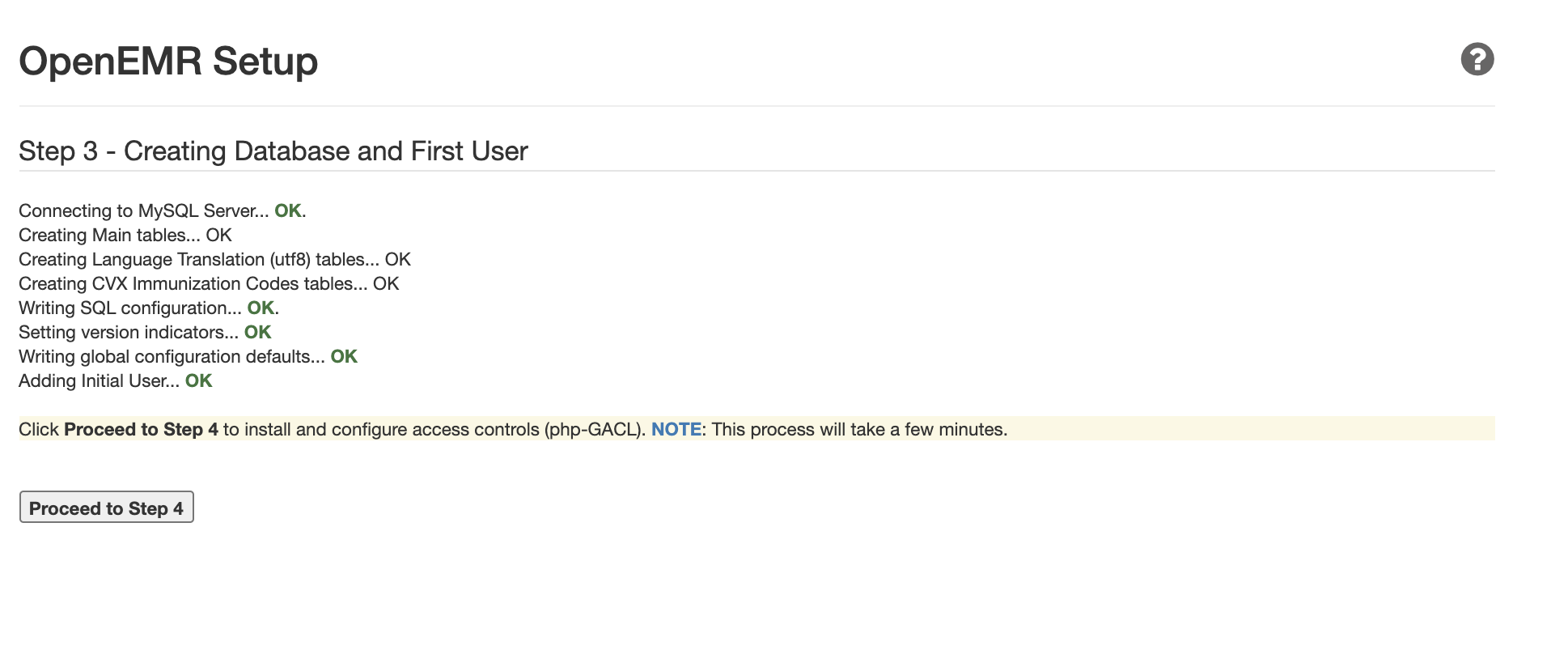 OpenEMR setup page — Step 3
