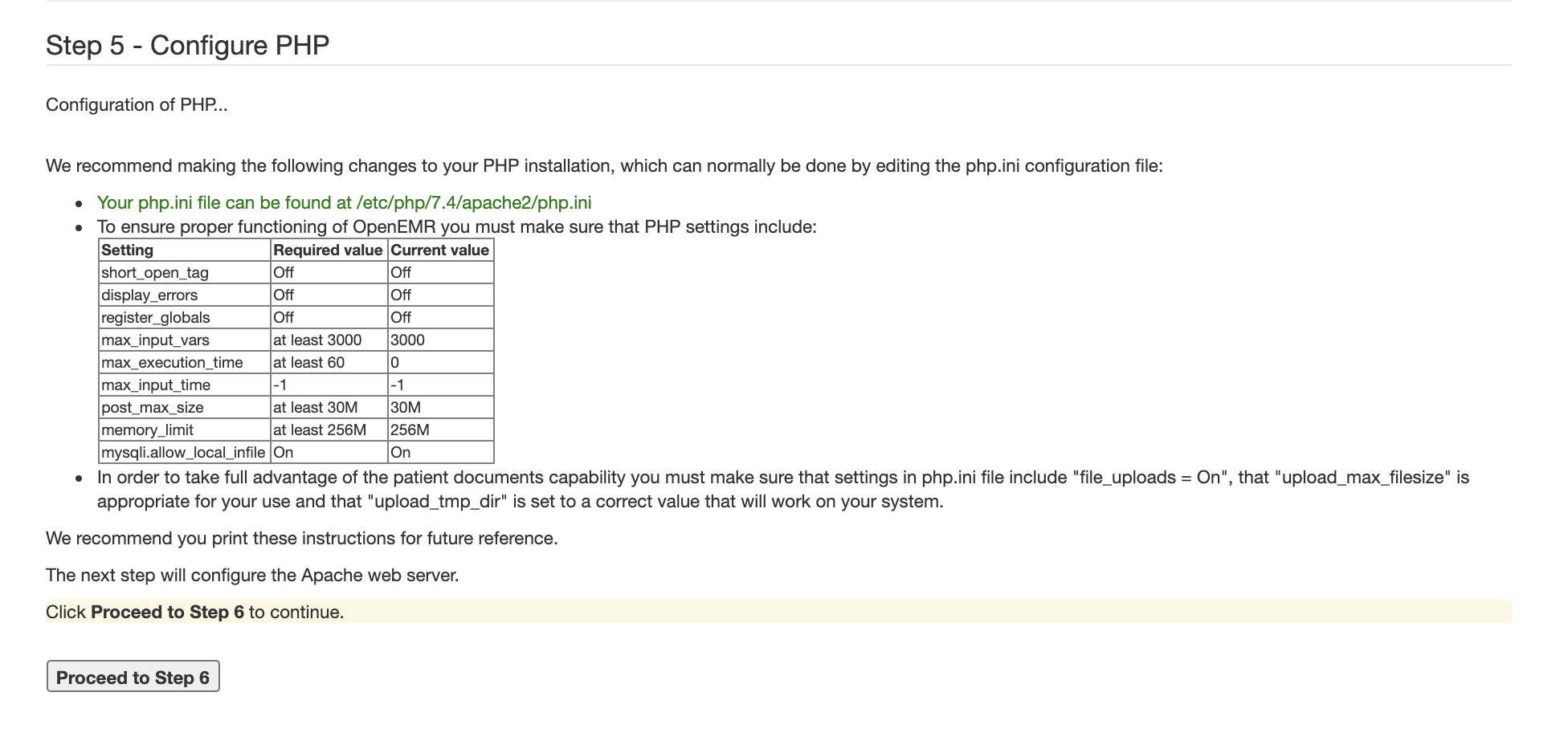 OpenEMR setup page — Step 5