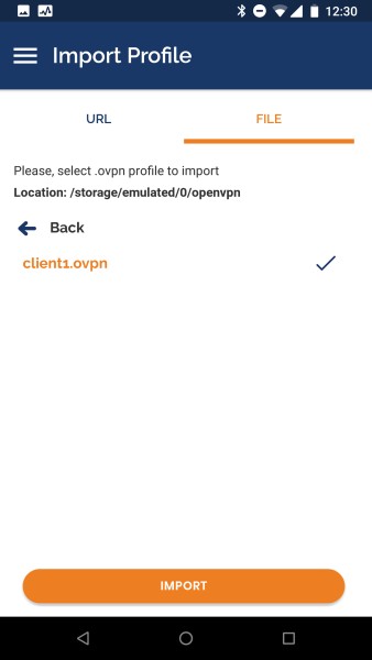 Selección de un perfil de VPN para su importación en la aplicación OpenVPN de Android