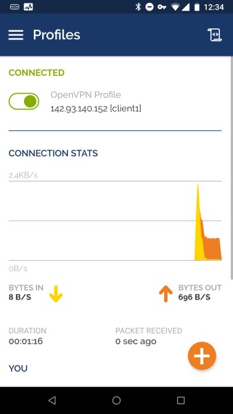 Die OpenVPN-App für Android, die mit dem VPN verbunden ist