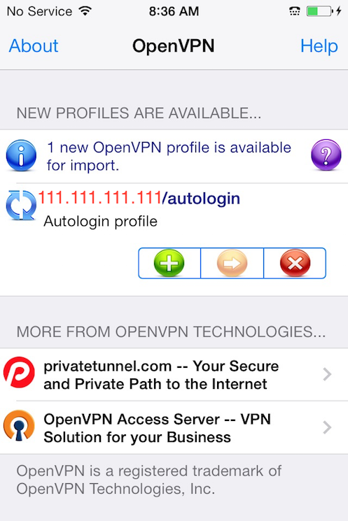 O app iOS do OpenVPN mostrando o novo perfil pronto para importação