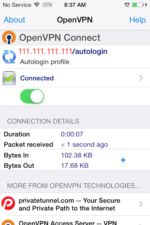 La aplicación OpenVPN iOS conectada a la red VPN