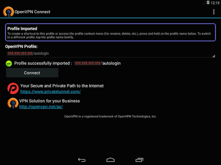 La aplicación de OpenVPN para Android que selecciona el perfil de VPN para importar