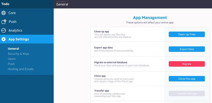 Parse App Settings: General: Migrate