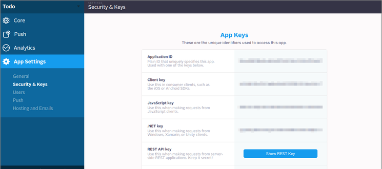 Parse Dashboard: App Settings: Security & Keys