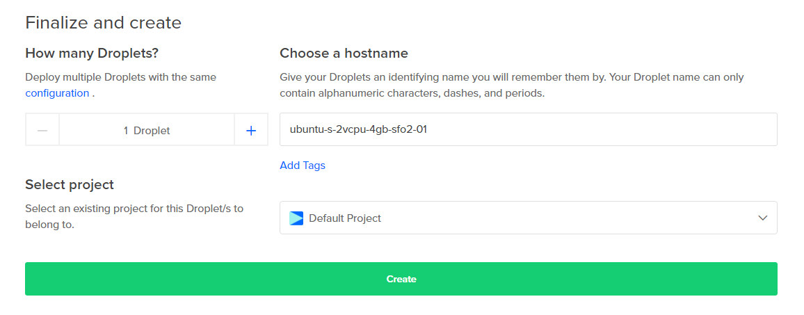 Screenshot of the Finalize and create section