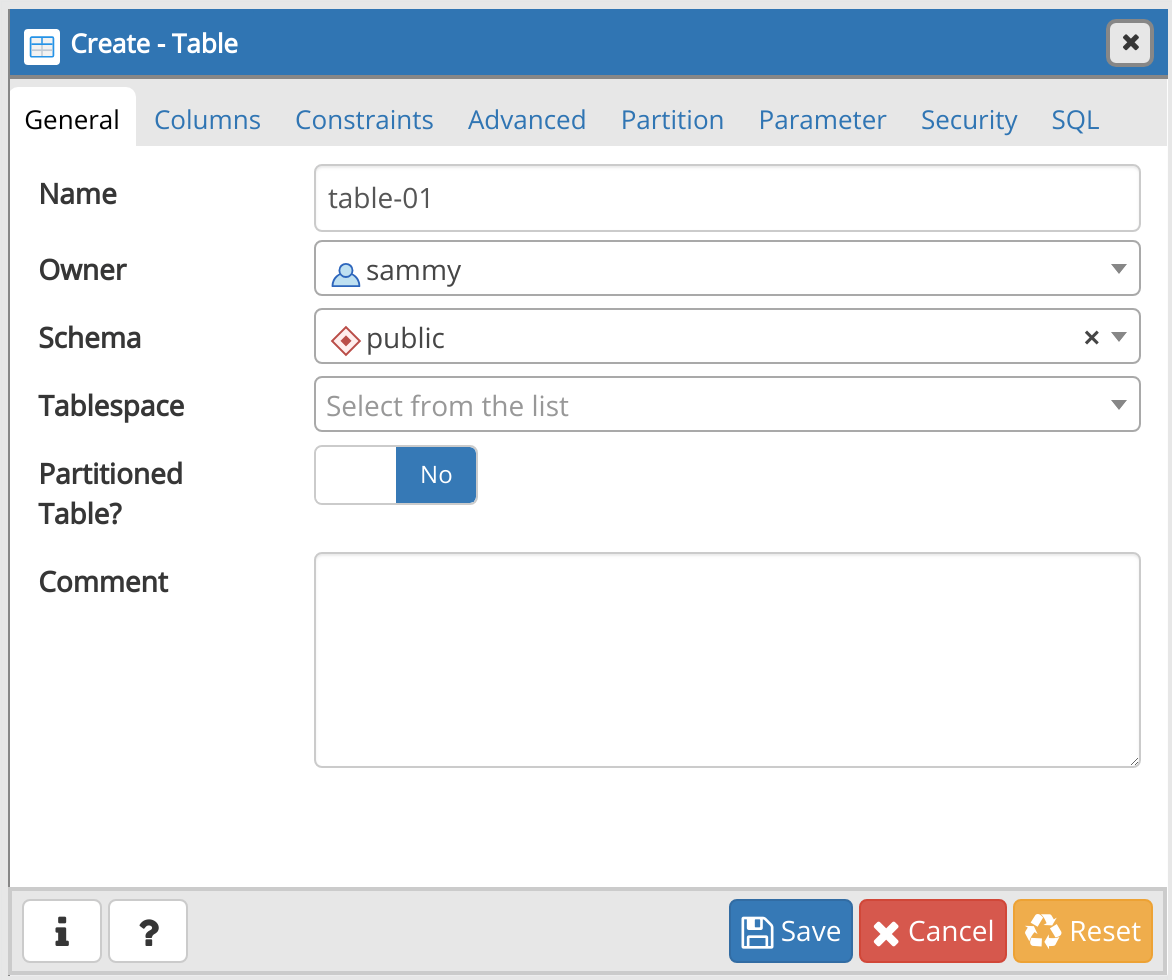 Create Table - General tab