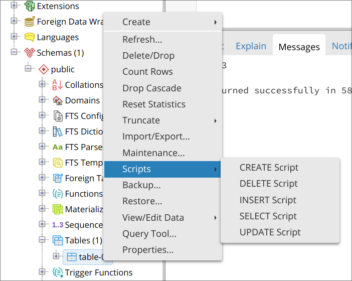 Menú contextual de INSERT script