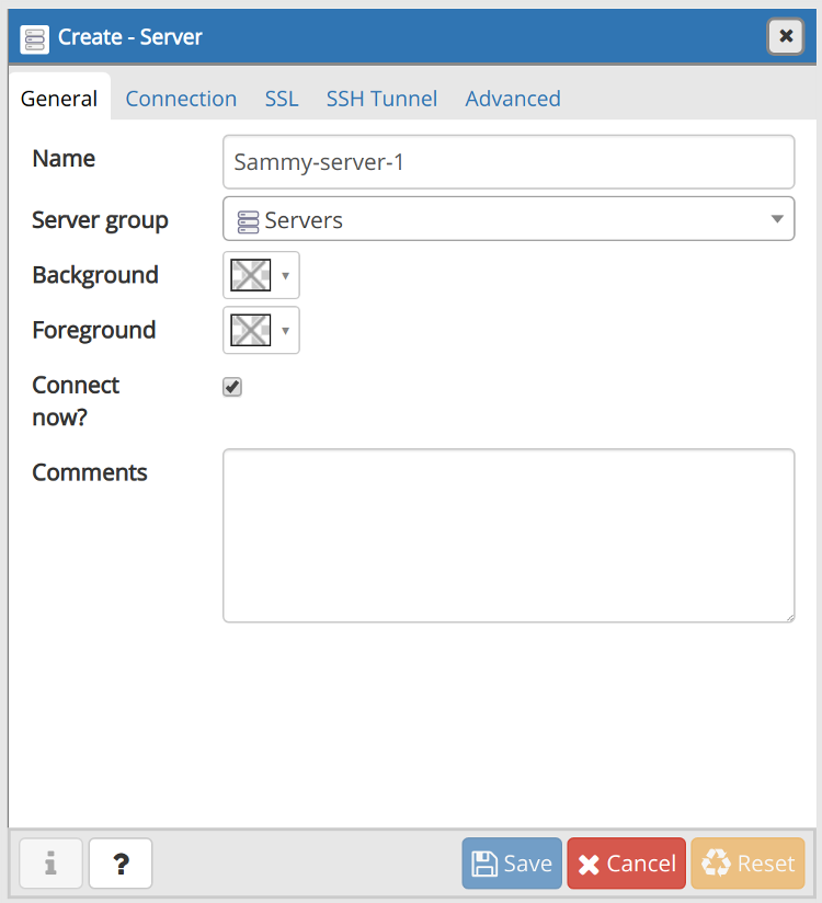 Create Server - General tab