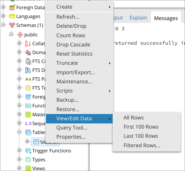 Menú contextual de View/Edit Data, All Rows