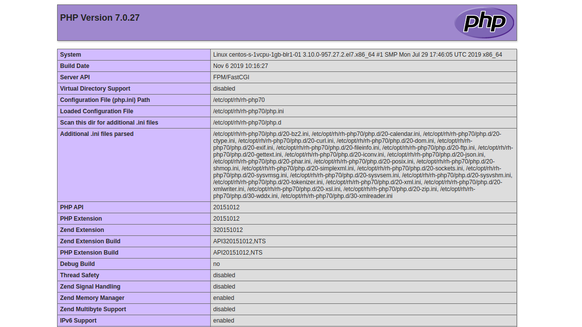 Página de informações do PHP 7.0