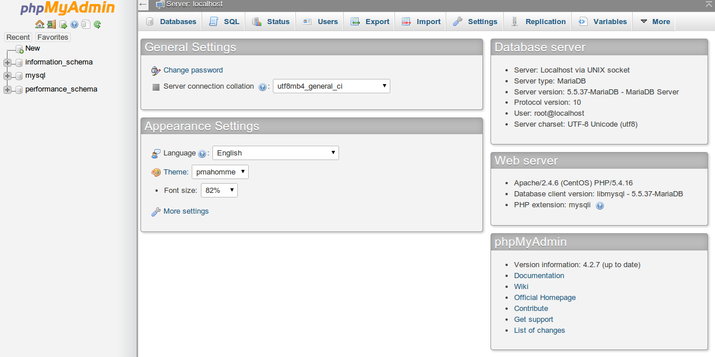 interface admin phpMyAdmin