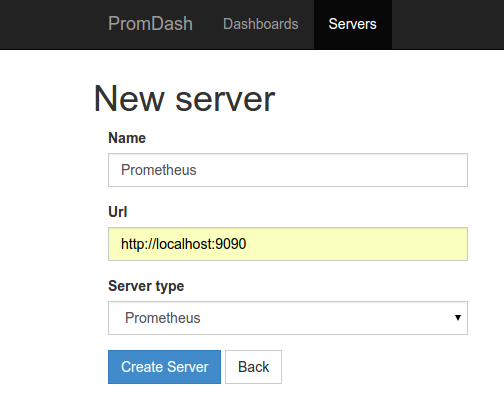 PromDash's Create Server Screen