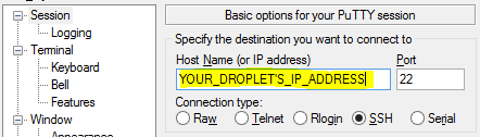 PuTTY droplet address