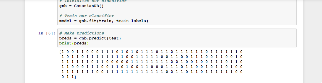 Jupyter Notebook with Python cell that prints the predicted values of the Naive Bayes classifier on our test data