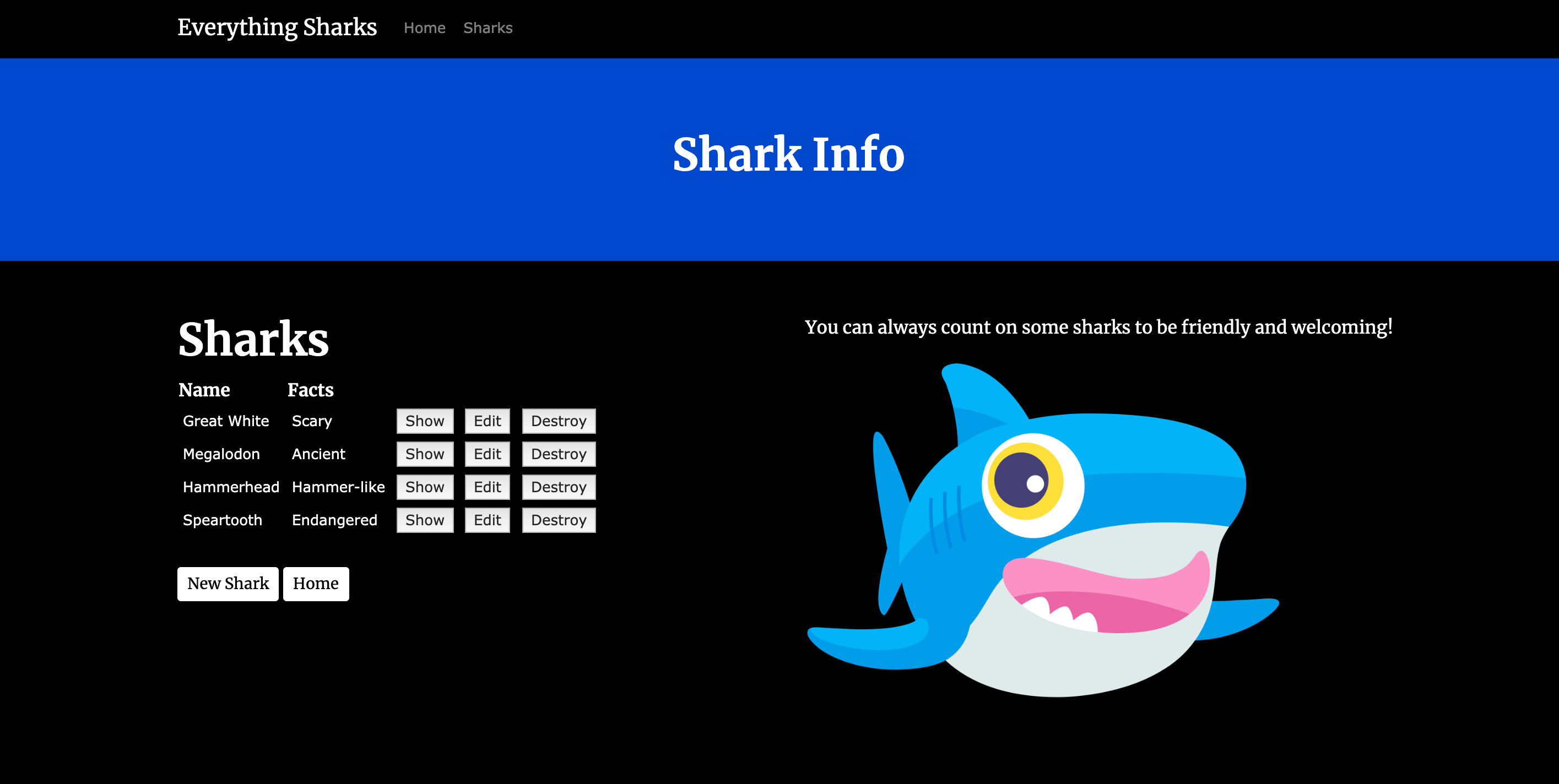 Page d'index des requins avec données ensemencées