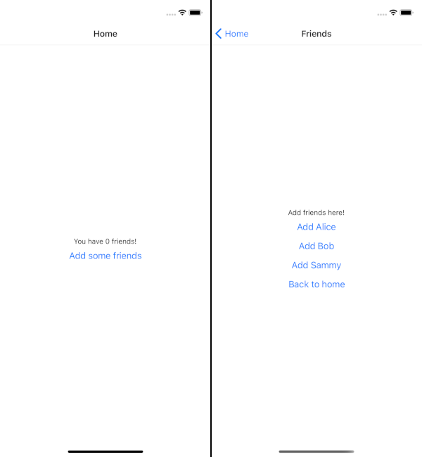 HomeScreen with 0 currentFriends and FriendScreen with 3 possibleFriends