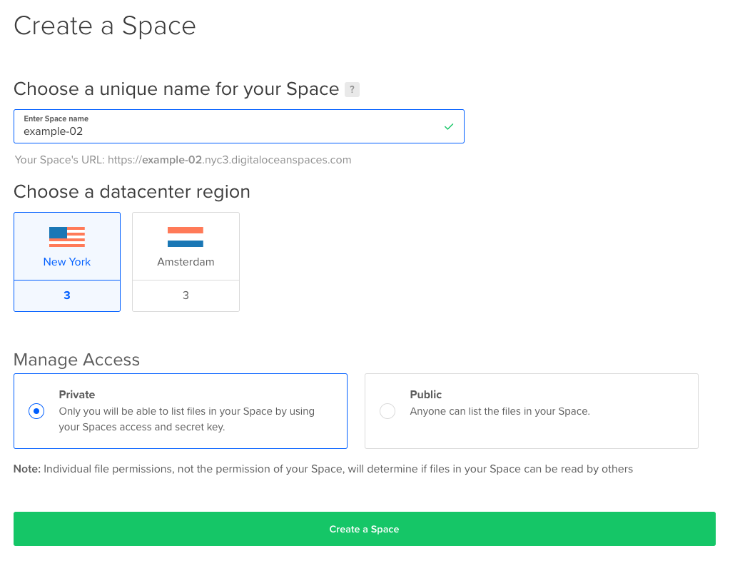 Interface for creating a new Space