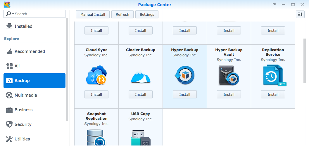 Synology Package Center, with Hyper Backup entry highlighted