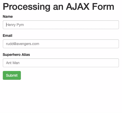 Animated gif depicting a user filling out inputs in a form and receiving a success message.