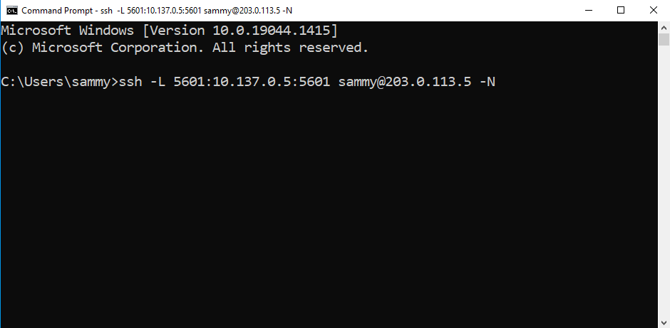 Screenshot of Windows Command Prompt Showing SSH Command to Port Forward to Kibana