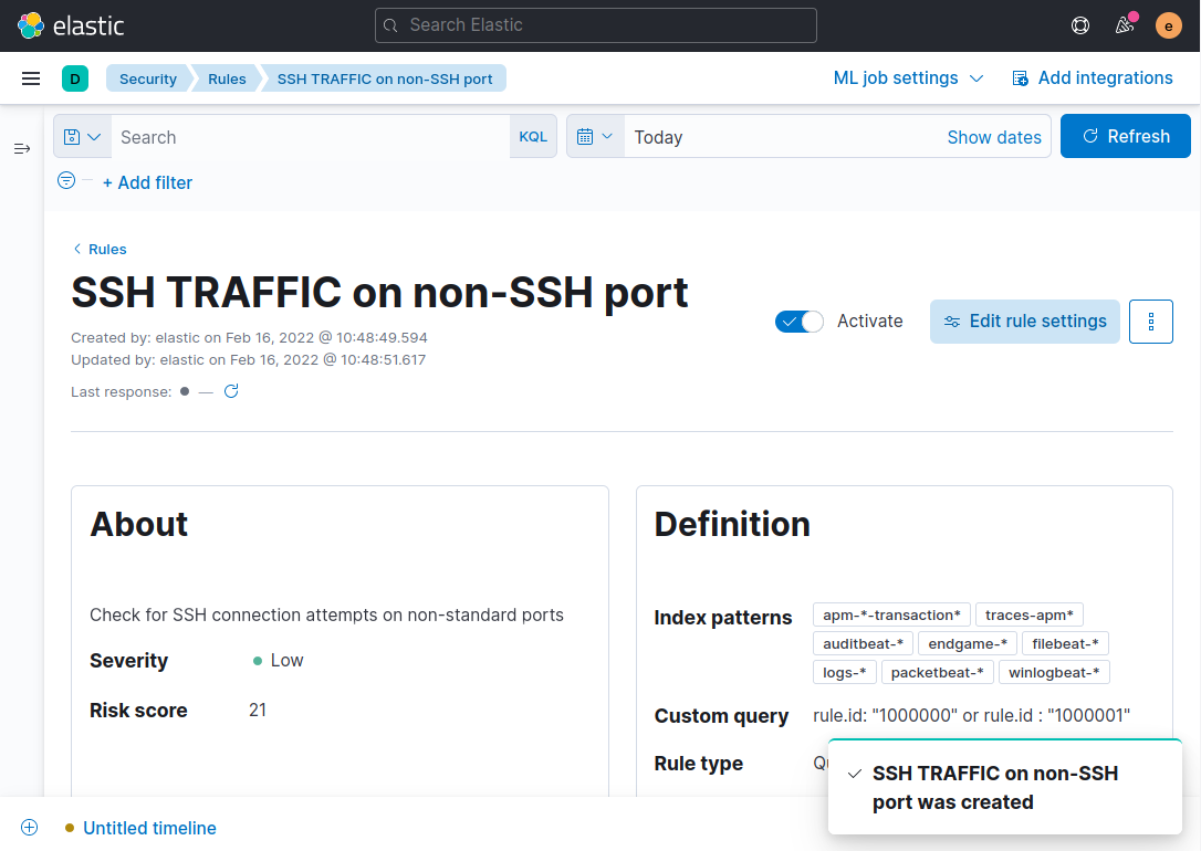 Screenshot of a Kibana page that shows a new custom rule