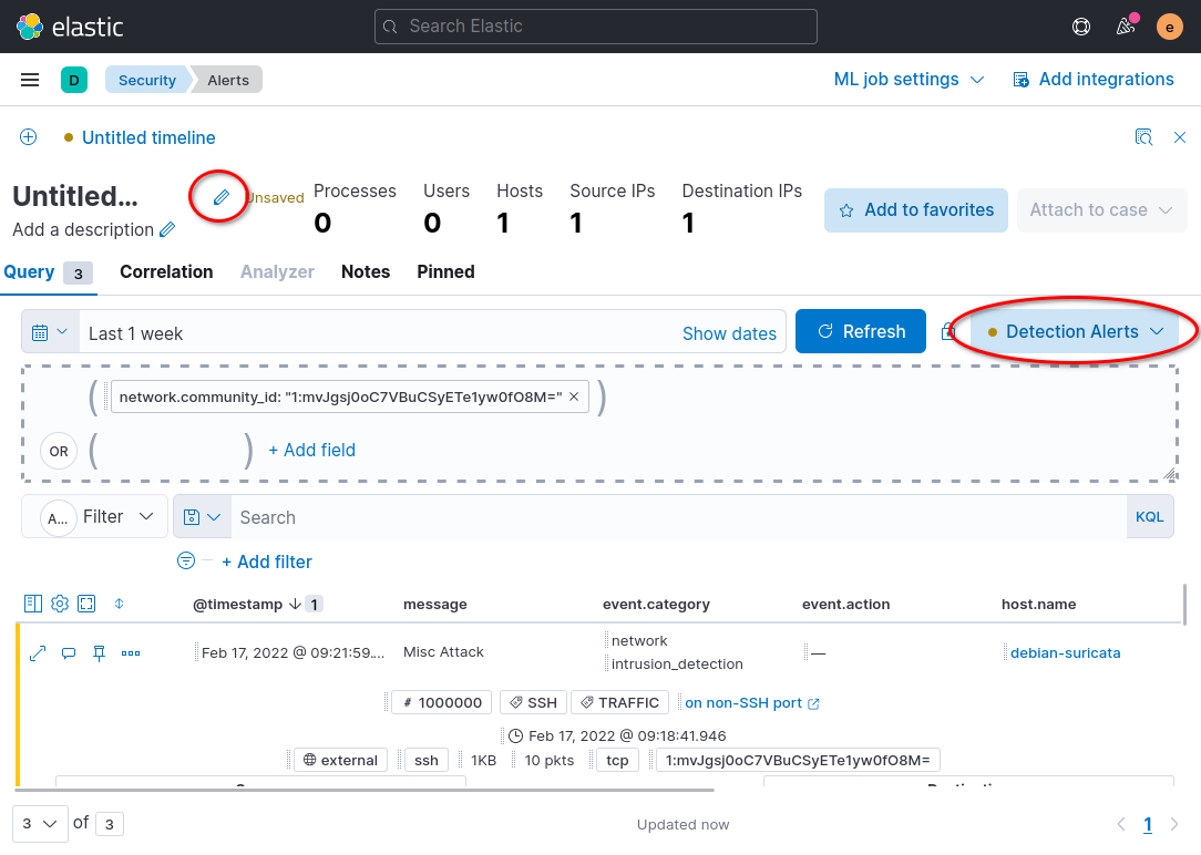 Screenshot of where to find the pencil icon on the Kibana timeline page