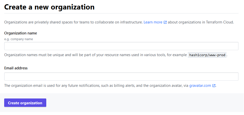 Terraform Cloud - Create a new organization