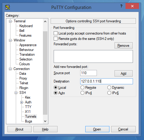 Choose your connection, load data and go to Connection->SSH->Tunnels and set it as follows: