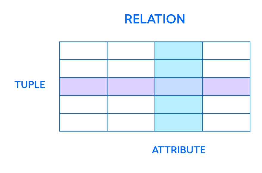 Exemple de diagramme indiquant comment les relations, les tuples et les attributs sont liés les uns aux autres