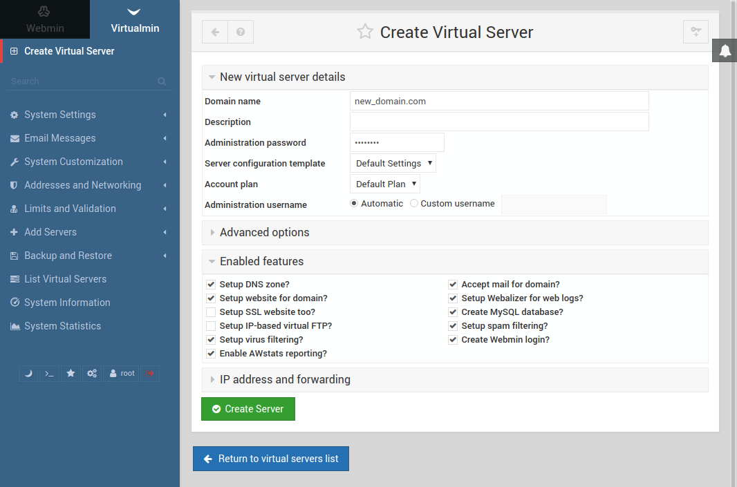 New virtual host settings