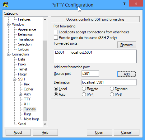 PuTTY SSH Tunnel Configuration