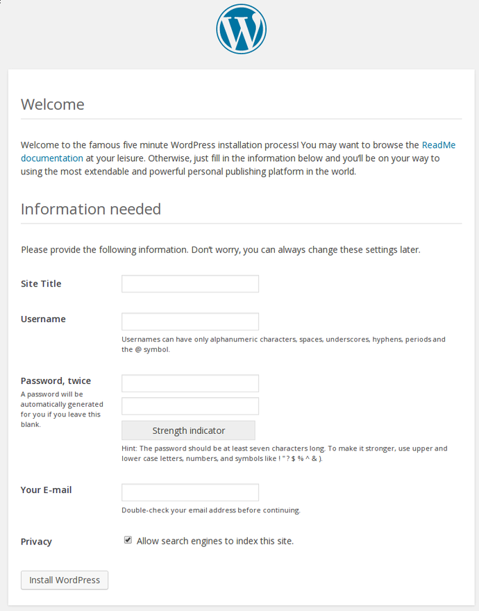 WordPress setup form