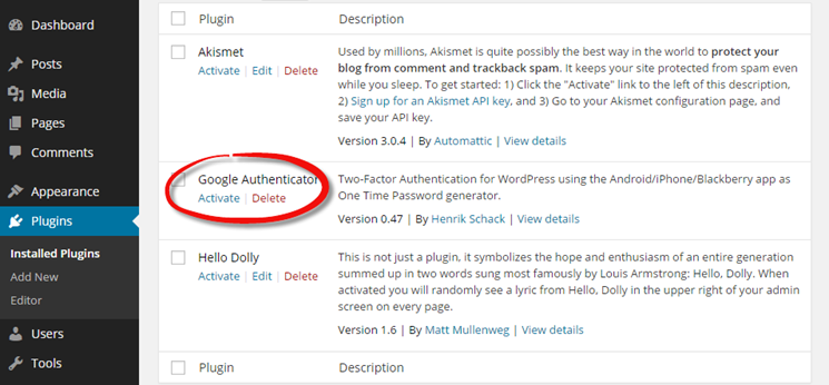 Install and activate the Google Authenticator Plugin for WordPress