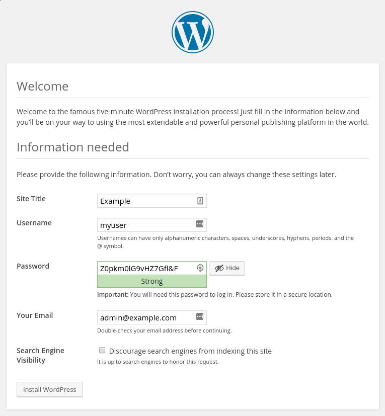 Instalación de la configuración de WordPress