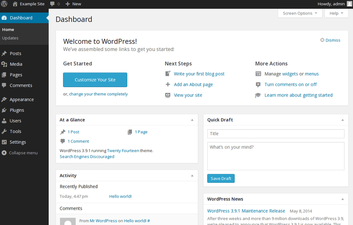 WordPress dashboard