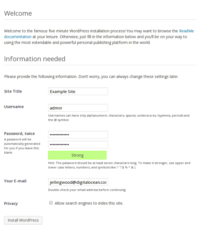 WordPress install screen