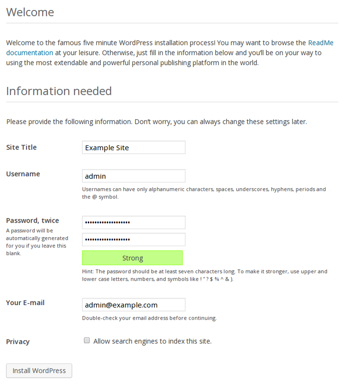 WordPress admin setup