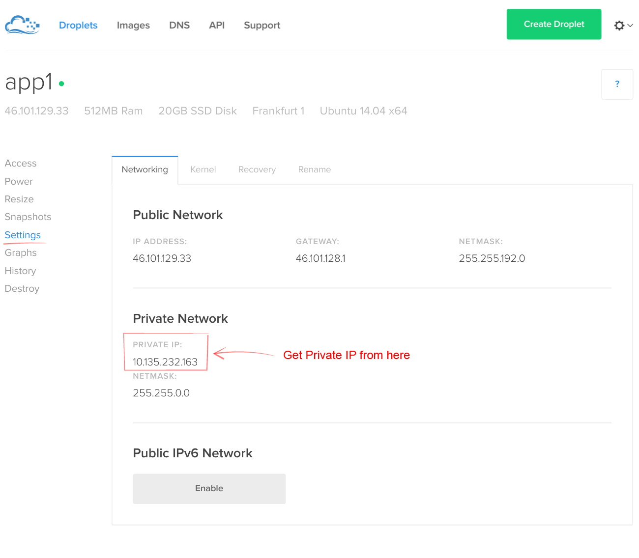 Digital Ocean find Droplet's private IP