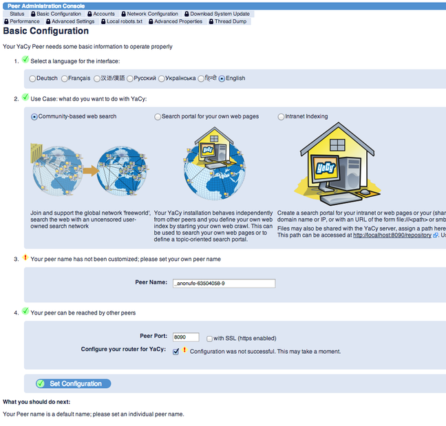 YaCy basic configuration