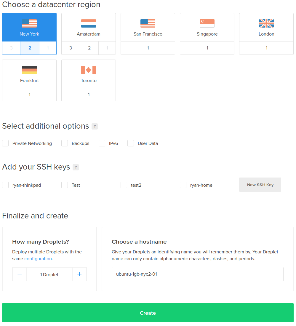 DigitalOcean Droplet creation page