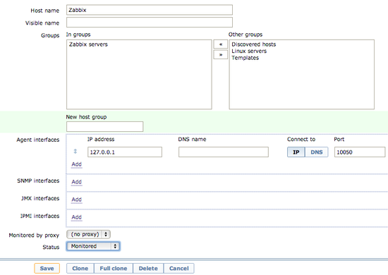 Zabbix server host definition