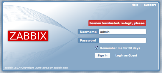 Zabbix login screen